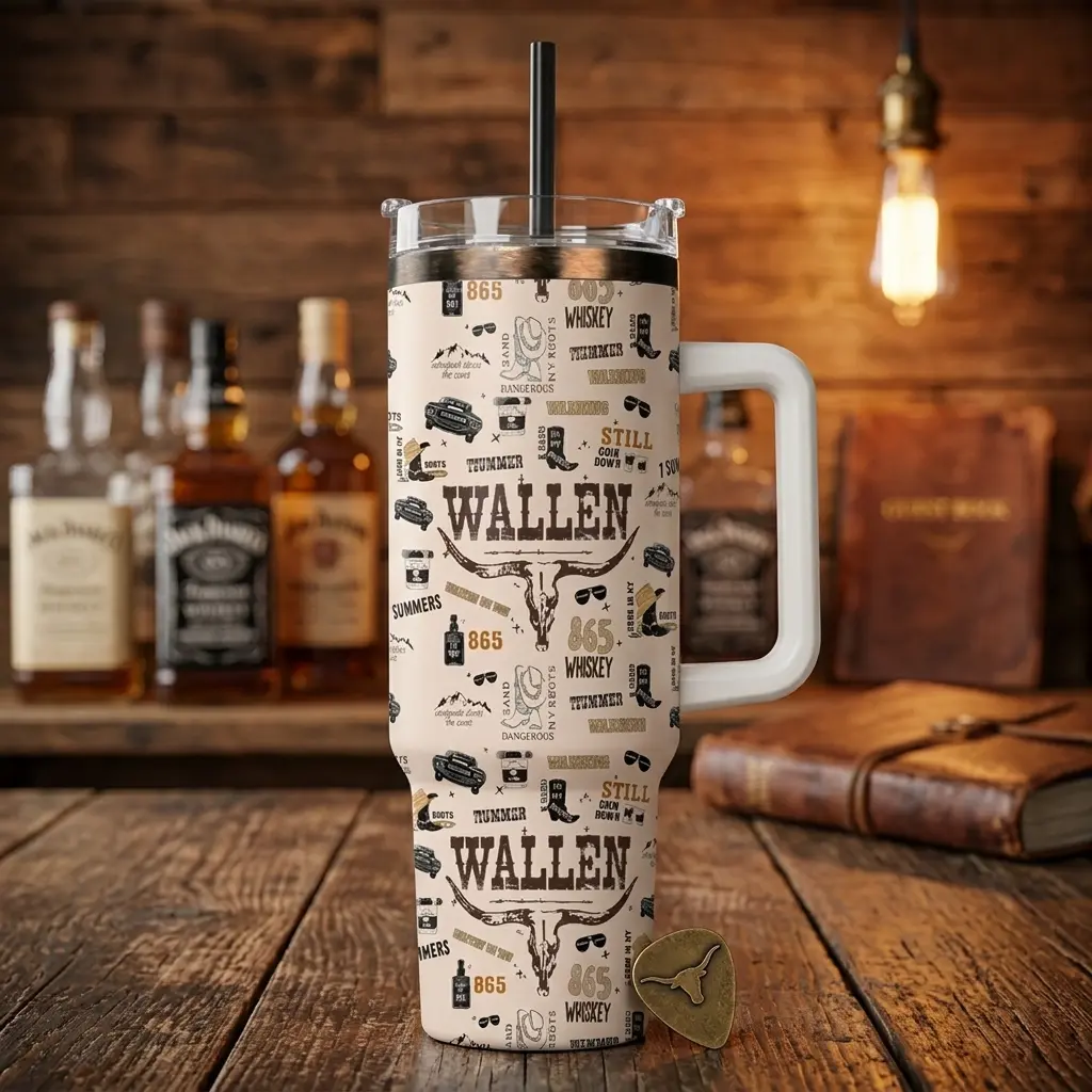 Wallen Country Western Insulated Tumbler (40oz/30oz) with Handle - Cowboy Boots, Whiskey Truck, Cow Skull Design - For Friends, Family, Casual, Work Use & Country Concert Fans - Rodeo Cowgirl Travel Mug (No Straw)