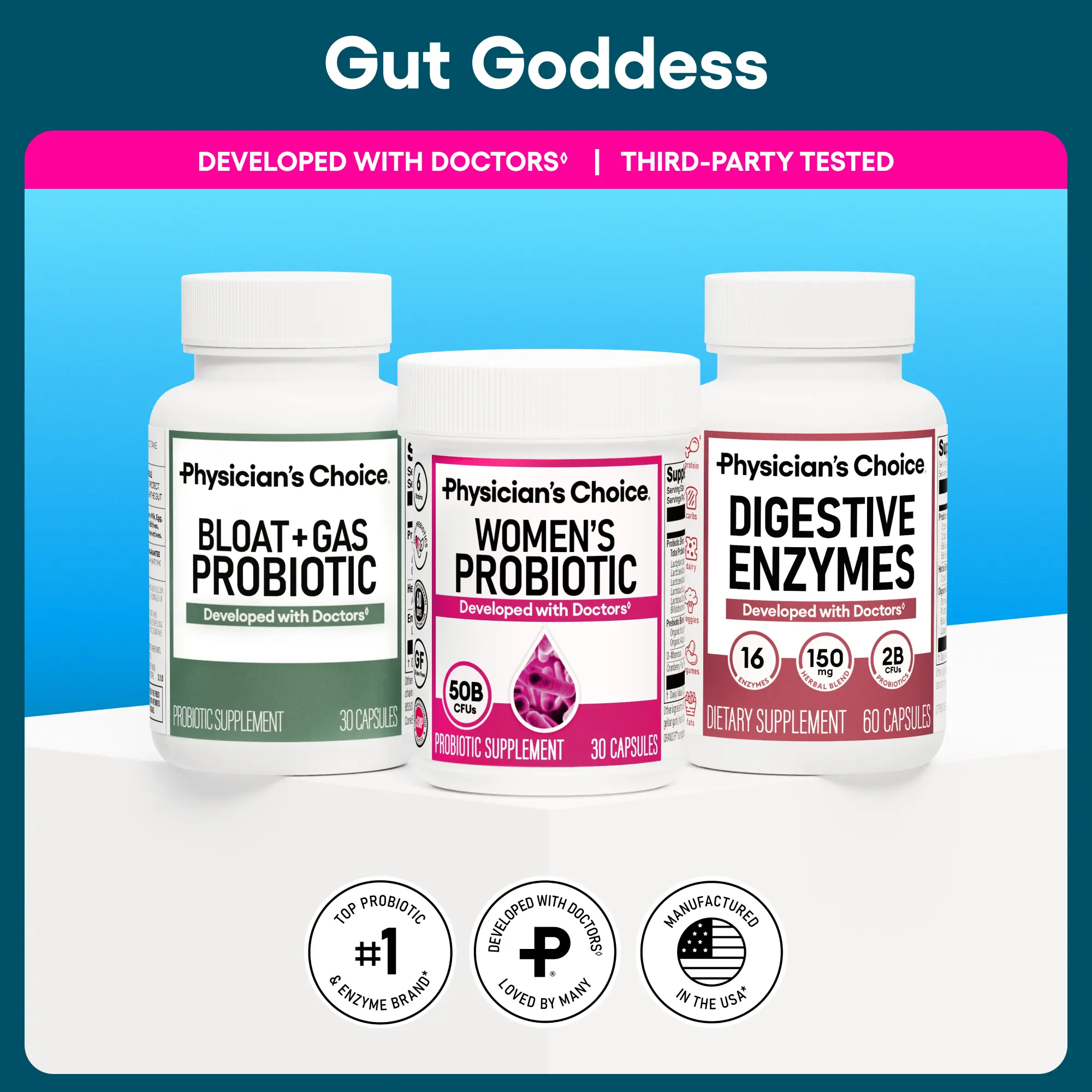 Physician's Choice Gut Goddess Bundle: Targeted Gut Health Support for Women with Women’s Probiotic + Digestive Enzymes + Bloat & Gas Probiotic Physician's Choice Gut Goddess Bundle: Targeted Gut Health Support for Women with Women’s Probiotic + Digestive Enzymes + Bloat & Gas Probiotic