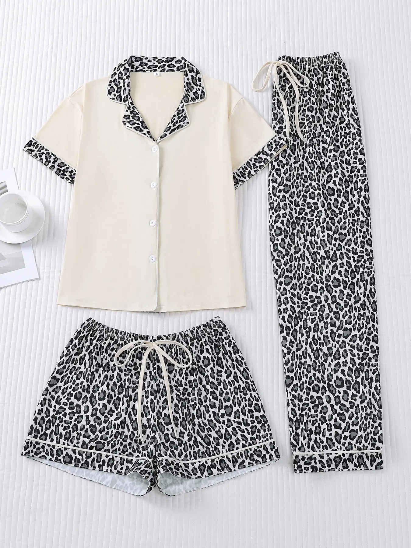 3-piece leopard print bow waistband long sleeved shorts long pants soft and comfortable top small pocket button top elastic waistband suitable for all seasons home wear pajamas