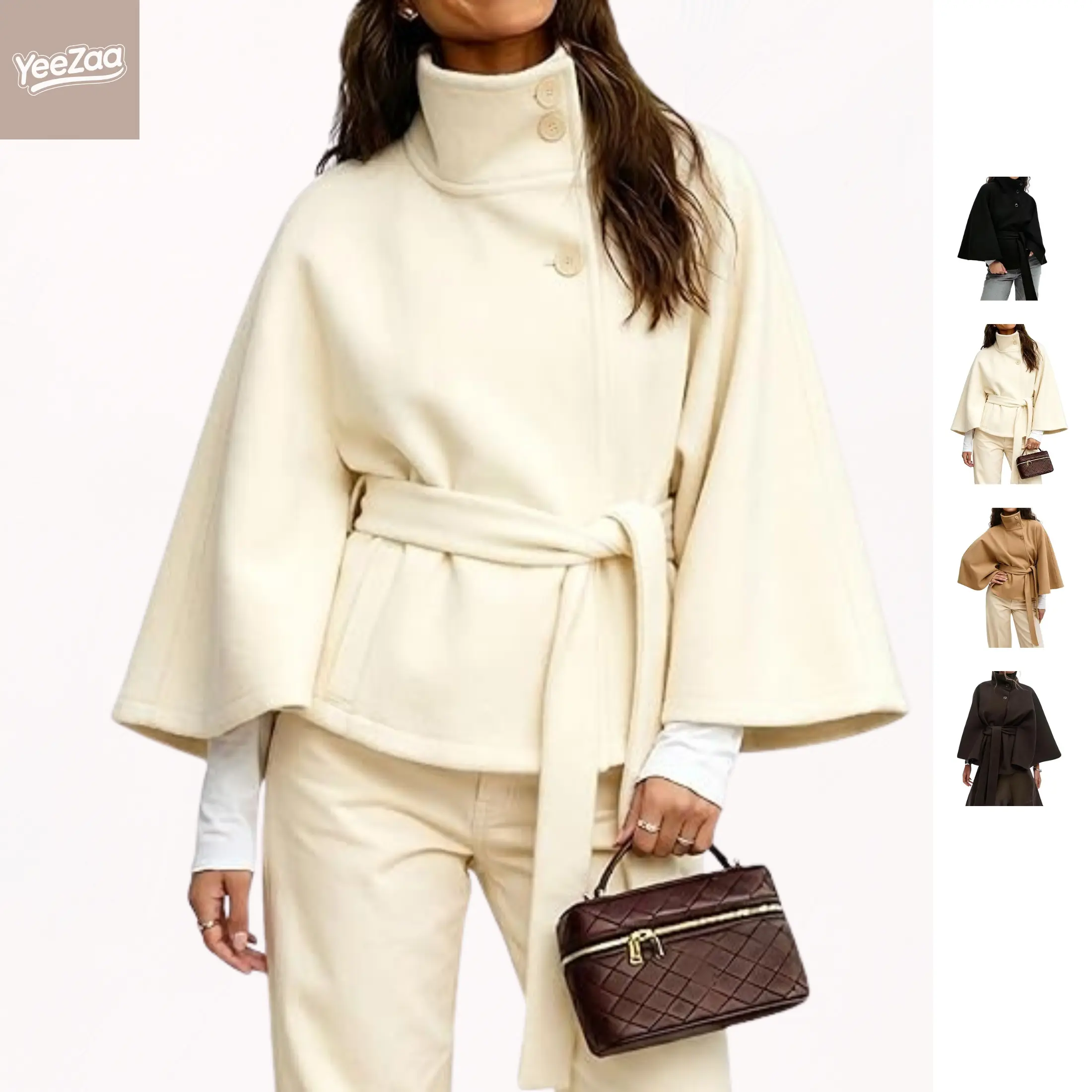 YeeZaa Poncho Pea Coat for Women Wool Blend Oversized Belted 2026 Fashion Fall Winter Elegant Stand Collar Cropped Cape Jacket Batwing Sleeve Trendy Casual  Outerwear Overcoat
