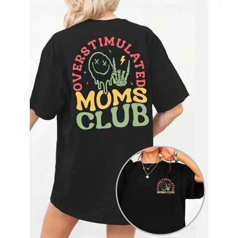 Lady's Premium Cotton Oversize Loose-Fit Printed Tee - Round Neck, Flat Short Sleeves, Breathable "Overstimulated Moms Club" Graphic, Casual Streetwear Retro Everyday Piece (Do Not Bleach)