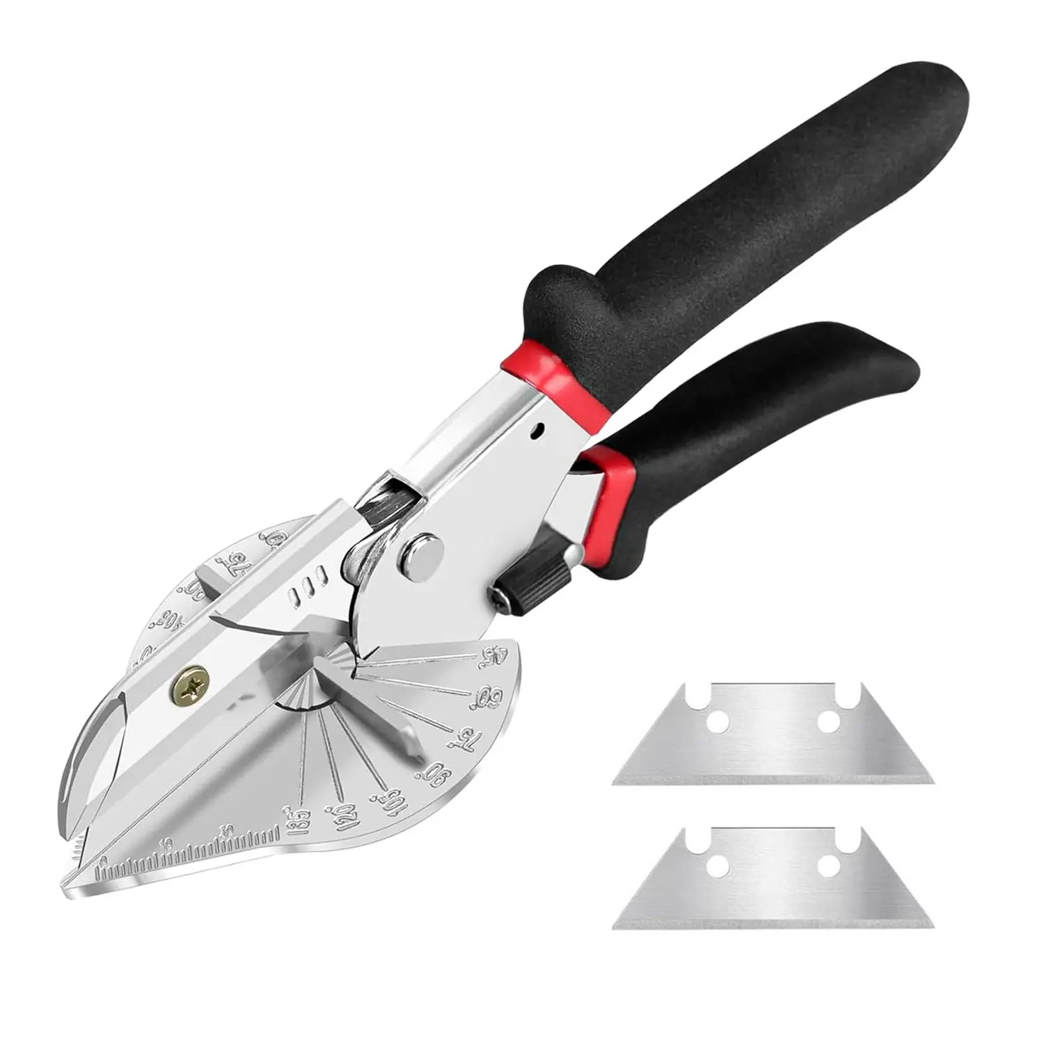 Miter Shears with 45°-135° Adjustable Angle Clicks, Non-Slip Grip Cutting Tool, Max 0.4" Thick Quarter Round Cutter, 2 Extra SK5 Steel Blades for PVC Trim, Softwood Moulding, Extra Blades