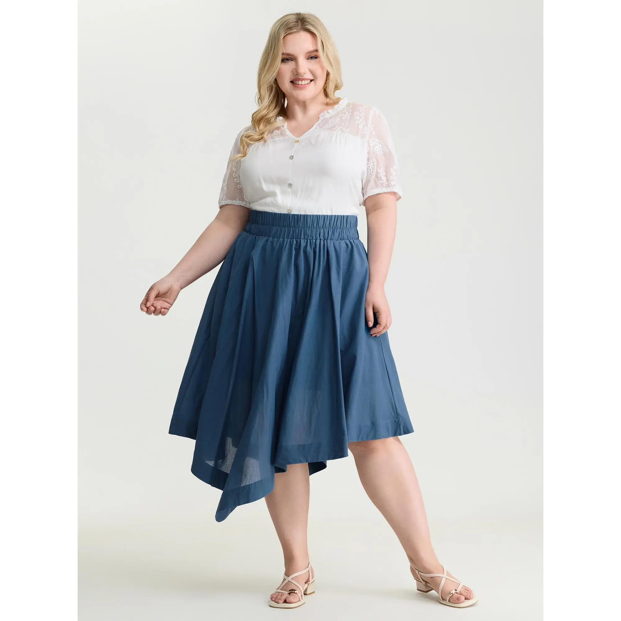 BloomChic Women's Plus Size Pure Cotton High-Low Hem Midi Skirt - Asymmetrical Skirt, M-6X  Breathable Fabric, Flattering Fit, Functional Pocket, Midi Skirts,Womenswear Sky Blue,Summerfinds