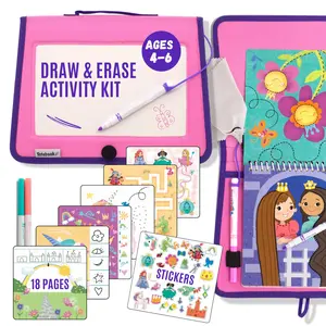 Totebook Kids Dry Erase Travel Activity Kit - Drawing, Mazes, Stickers, Ages 4-6 yrs, Screen-Free Entertainment, Reusable Stickers, Erasable Surface
