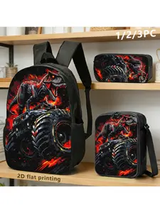 3pcs Flame-Dinosaur Monster Truck Print Backpack, Shoulder Bag & Storage Bag | Bold, Edgy Design For Young Men, Ideal For Commuting, Travel, Outdoor Activities | Oxford Material, Hand Wash Care