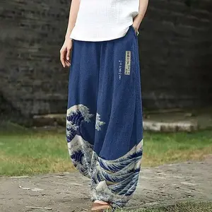 Japanese Art Crane Print Casual Pants Harajuku Pink Autumn Lantern Trousers Elegent Boho Wide Leg Pants Fashion Baggy Pants
