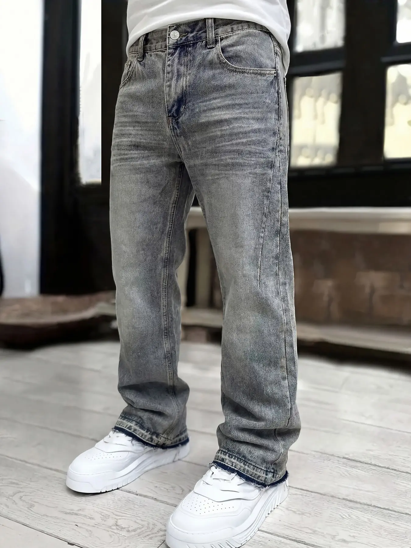 Men's Casual Loose Wide Leg Jeans, Slim-Fitting Denim Jeans, All Seasons, Plain Pattern, Street Style, Streetwear, Fashionable and Comfortable, Pants