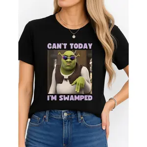 Women's Shrek T-Shirt, Black Minimalist Streetwear, Short-Sleeve Casual Fabric Top, Personalized Unisex Summer Wear, Comfortable Breathable, Suitable for Versatile Outfits, Made in USA