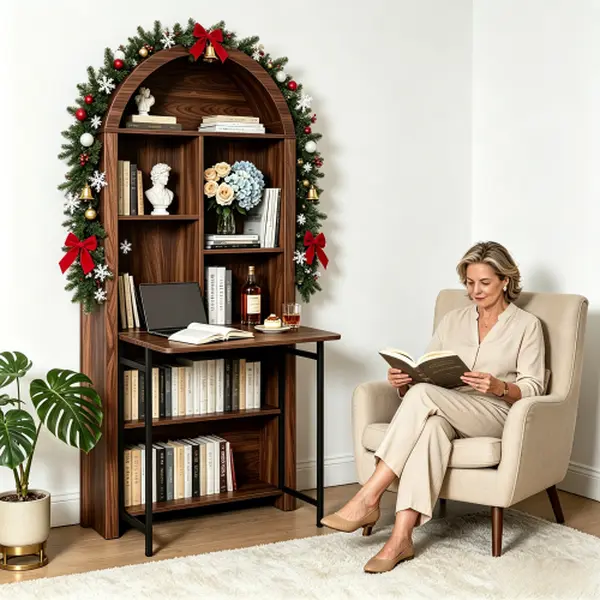Bellemave Convertible Tall Arched Hideaway Desk - Folding Save-Space Office Desk with Storage, Smart Design Vertical Bookshelf, Wine Cabinet for Remote Work Small Spaces Home Office