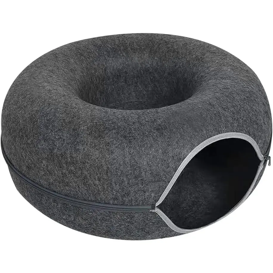 Tunnel cat Bed, Donut cat Bed, Fun Ventilation Peephole, Detachable Zipper cat Bed, Felt Washable, All Season Universal cat Bed Suitable for Cats, Small Dogs, Rabbits (Dark Gray, Small)