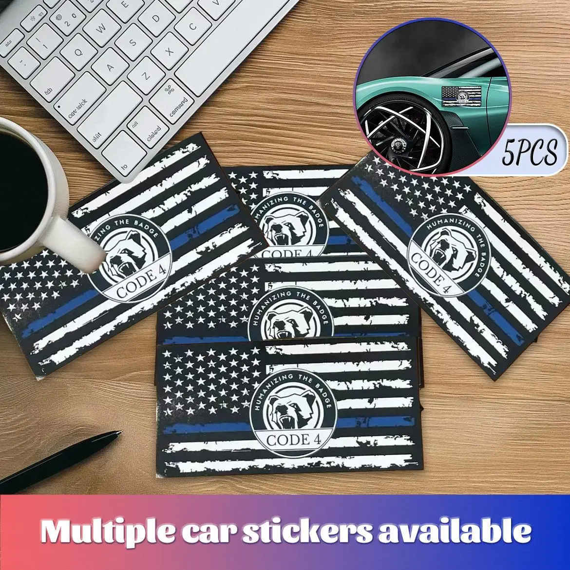 5-Pack Rain-Proof Vinyl S-Thin Blue Line Code 4 Graphic Decals - Car Styling Decals for Trucks, Vehicle Exterior Bumper Sticker Tribute to Law Enforcement Badges