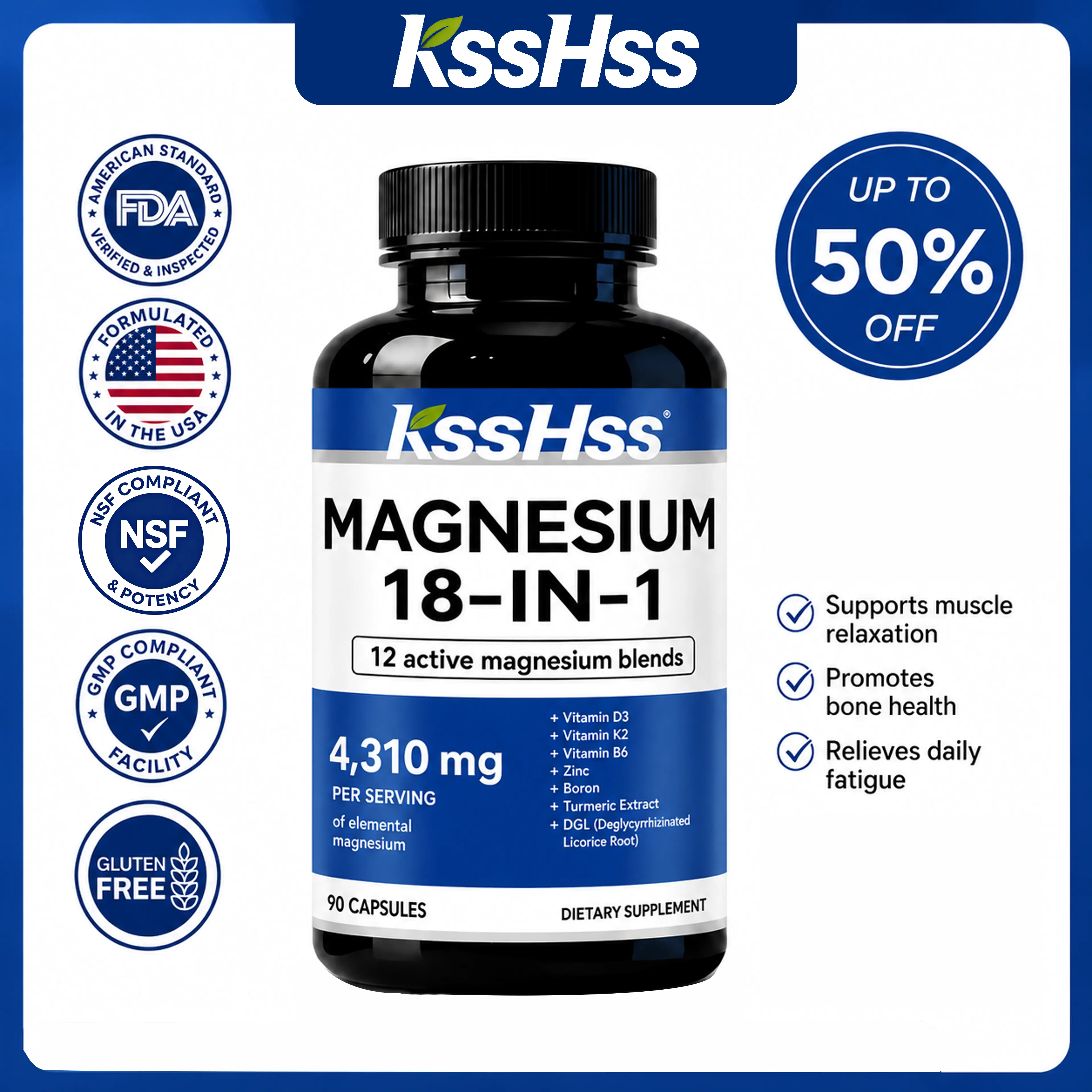 Ksshss Deepcalm 18-in-1 Magnesium Capsule Complex - Glycinate,D3,K2,Slippery Elm,Licorice Root (DGL),Zinc -90 Count, Vegan, No Sugar