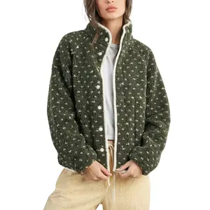 MaLinfandor Slouchy Fleece Jacket Women Long Sleeve Button Down High Neck Polka Dot Puffer Jackets Sherpa Overcoat with Pockets