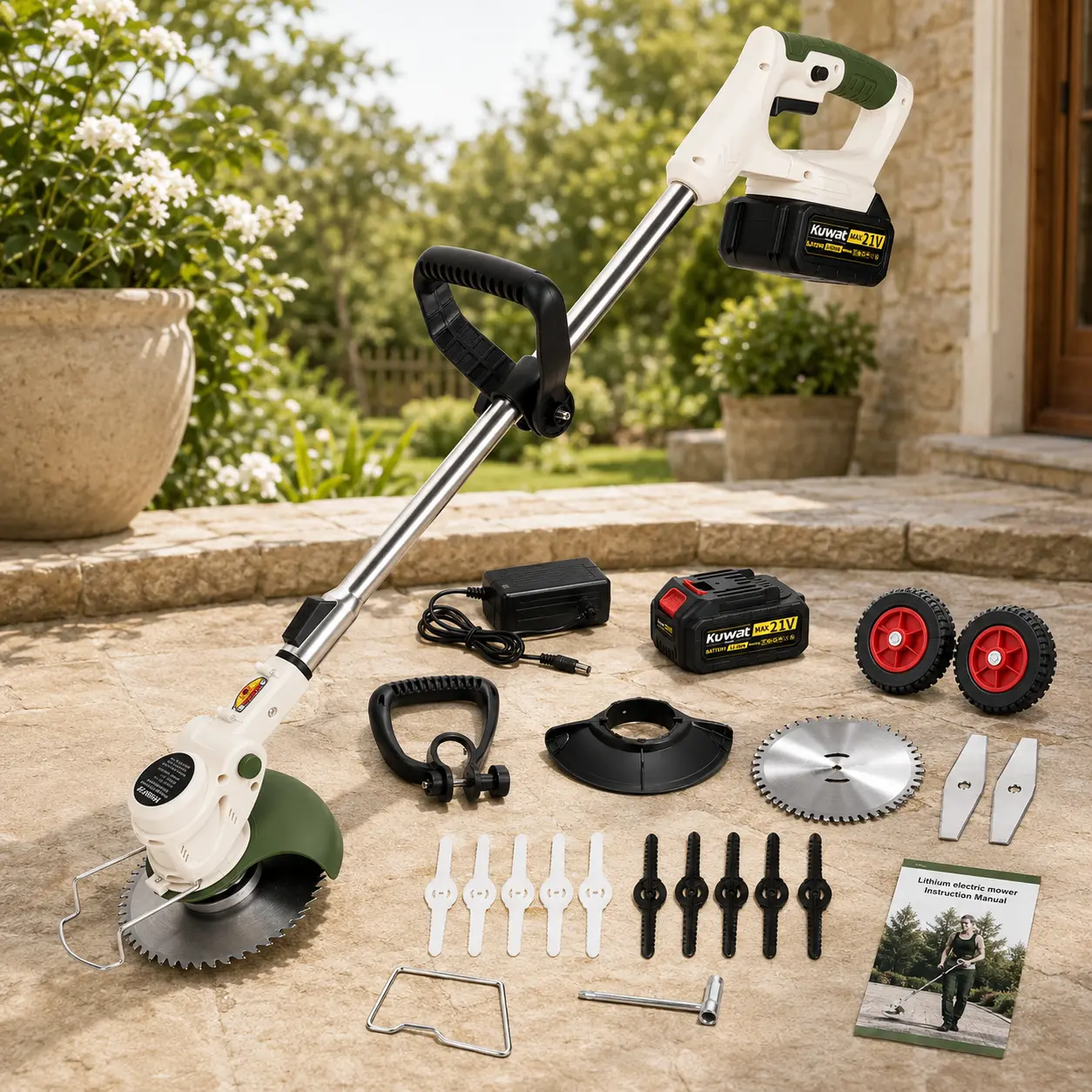 KUWAT Cordless Electric Lawnmower with 1 Lithium-Ion Battery, Portable Stringless Garden Grass Cutter, 3 Interchangeable Blades - Home Lawn Equipment, Grass Cutting Tool