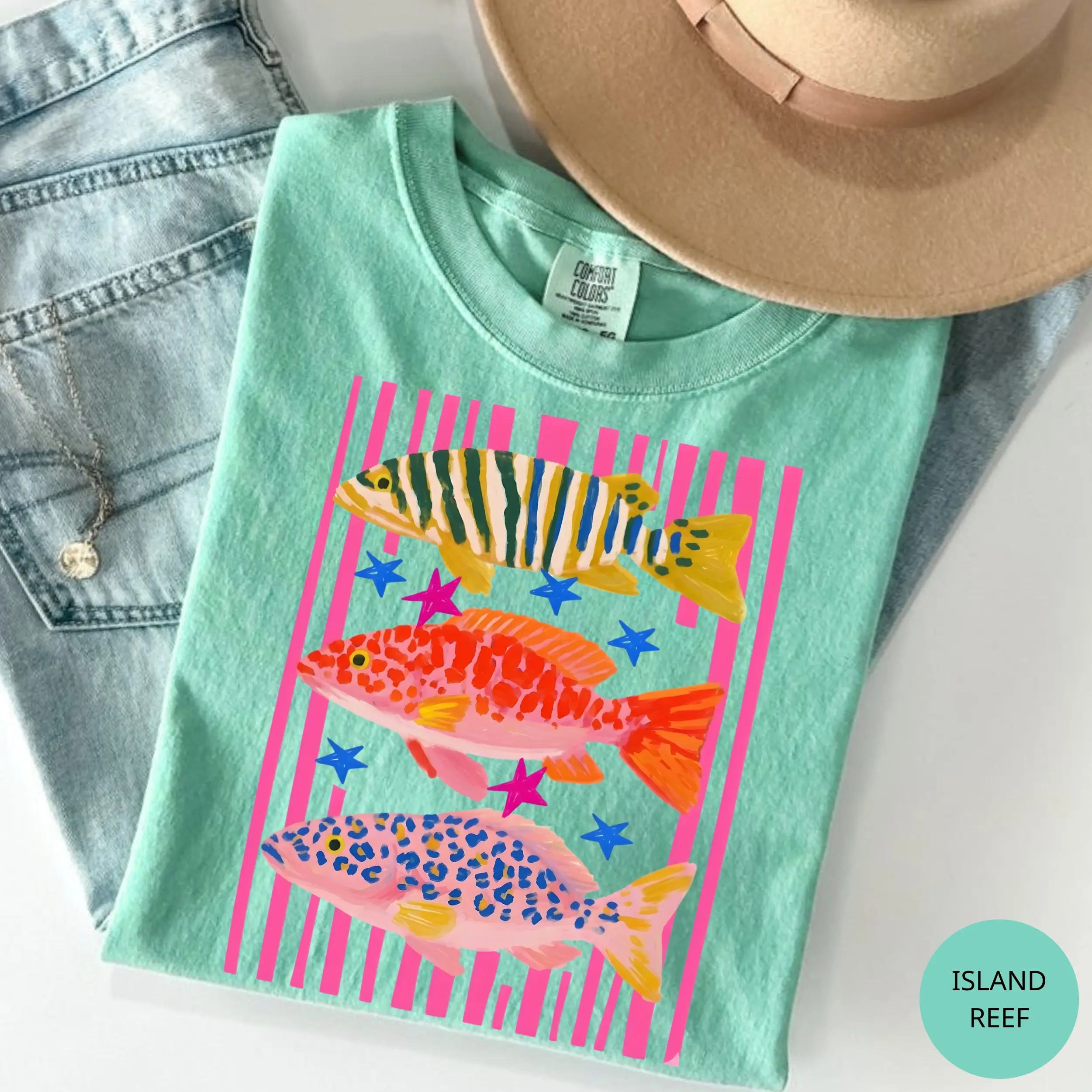 Comfort Colors Preppy Fish T-Shirt, Female Fishing Shirt, Colorful Maximalist Sublimation, Summer Vacation Tee, Funny Beach T-Shirt, Girls Fish Too| Gift for Her, Cotton Fabric