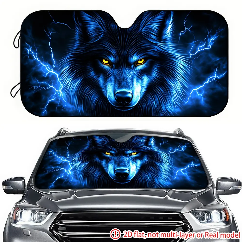 1pc blue lightning wolf head car sun visor 2D high-definition printing, car sun visor effectively blocks sunlight, suitable for RVs SUV、 General Motors windshield decoration, Sunshade For Car Windshield Car Window Sunshades
