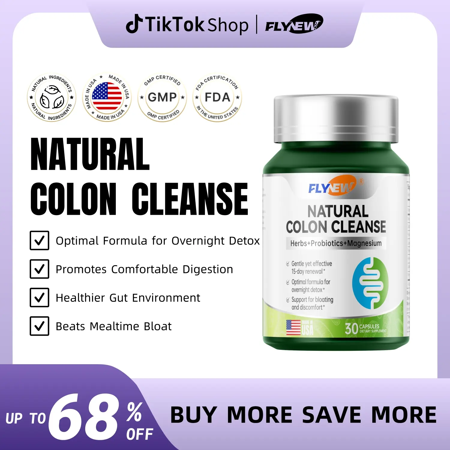 FLYNEW Colon Cleanse Daily Edible Dietary Supplement Capsules - Organic Natural Gentle Effective Detox Debloat Herb Blend with Magnesium, 15-Day Gut & Digestive Health Support, Bloating & Occasional Constipation Relief, 30ct Bottle, Daily Supplement, Deto