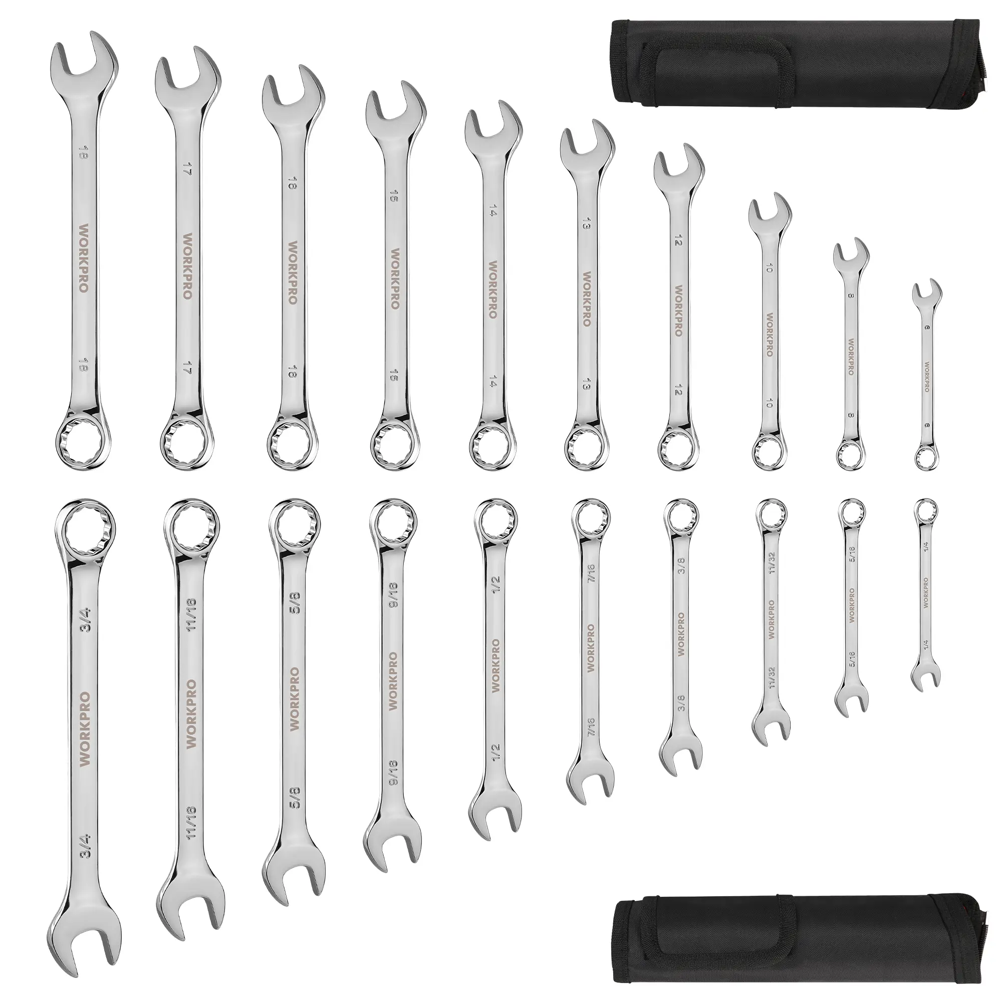 #backtoschool WORKPRO 20-piece Combination Wrench Set, Metric 6-18mm & SAE 1/4”- 3/4”, Cr-V Steel, 12-point Wrenches Set with 2-in-1 Rolling Pouch