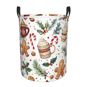 Merry Christmas Laundry Basket & Hamper - High Quality Oxford Cloth Collapsible Round Storage with Festive Holiday Design (Gingerbread, Candy Canes, Snowmen) - Large 19.6x15.7 Inch Decorative Organizer for Clothes,, Bathroom, Bedroom - Durable Polyester