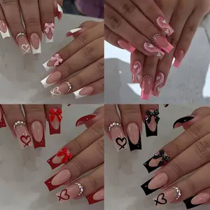 96pcs Medium Square Acrylic Nail Tips Set, French Press-On Nails, Glossy Finish, Heart Pattern, Rhinestones, Bow Design, for Women and Girls