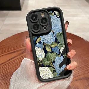 Blue Hydrangea Pattern Phone Case for IPhone 16 15 14 Pro Max 13 12 11 XR XS Plus Shockproof Non Slip Military-Grade Protection Silicone Cover
