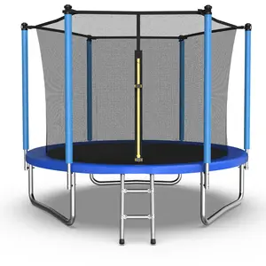Mersco 8ft Trampoline for Kids and Adults,Outdoor Trampoline with Enclosure,Basketball Hoop and Ladder,Upright-Poled Backyard Trampoline with Total Loading 960Lbs Enclosure Net,Quick Connect Frame,Birthday Gifts,Blue