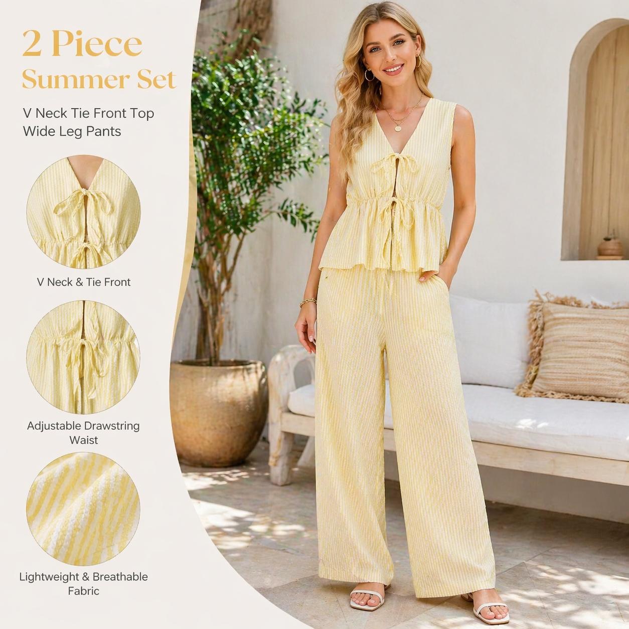 Women's 2 Piece Striped Lounge Set with Pockets Sleeveless Tie Front V Neck Wide Leg Pants Soft Summer Casual Pajamas Loungewear