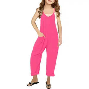 Girls' Casual Sleeveless Jumpsuits Spaghetti Strap Loose Romper Long Pants with Pockets