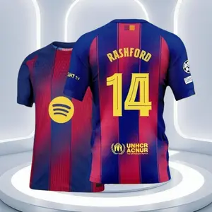 25 26 Home Red And Blue 14# Marcus Rashford Short Sleeve Soccer Jersey Fans Version