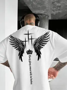 Men's Glory & Weight Saint Wing Cross Faith Print Short Sleeve T-Shirt, Seamless Oversized Loose Fit for Daily, Casual, Streetwear, Street Style, Summer Essential, Menswear