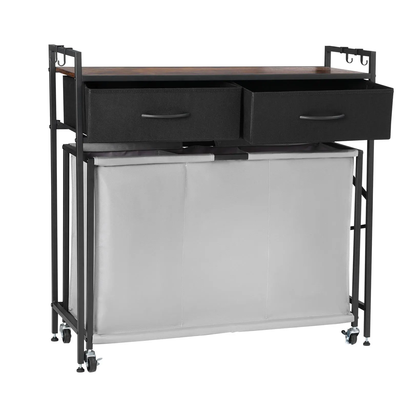 【summerfinds】VEVOR 3 Section Laundry Sorter, Rolling Laundry Hamper with 2 Drawers, Hooks & Wheels, Rolling Basket Organizer Storage with Pull-Out Rolling Bags and Wooden Tabletop for Dirty Clothes, Bathroom, Storage Organizer, Laundry Hampers