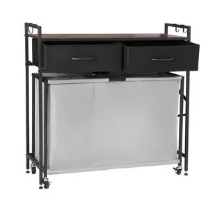 VEVOR 3 Section Laundry Sorter, Summervibes, Rolling Laundry Hamper with 2 Drawers, Hooks & Wheels, Rolling Basket Organizer Storage with Pull-Out Rolling Bags and Wooden Tabletop for Dirty Clothes, Bathroom