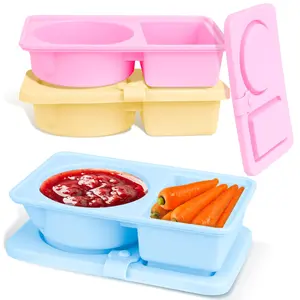 3 Pack Silicone Reusable Snack Containers with Lids, Double Compartment Snackle Box Containers, Salad Dressing Sauce Seasoning Container, Small Mini Food Snack Boxs for Travel, Office, Picnic Kitchen Utensils