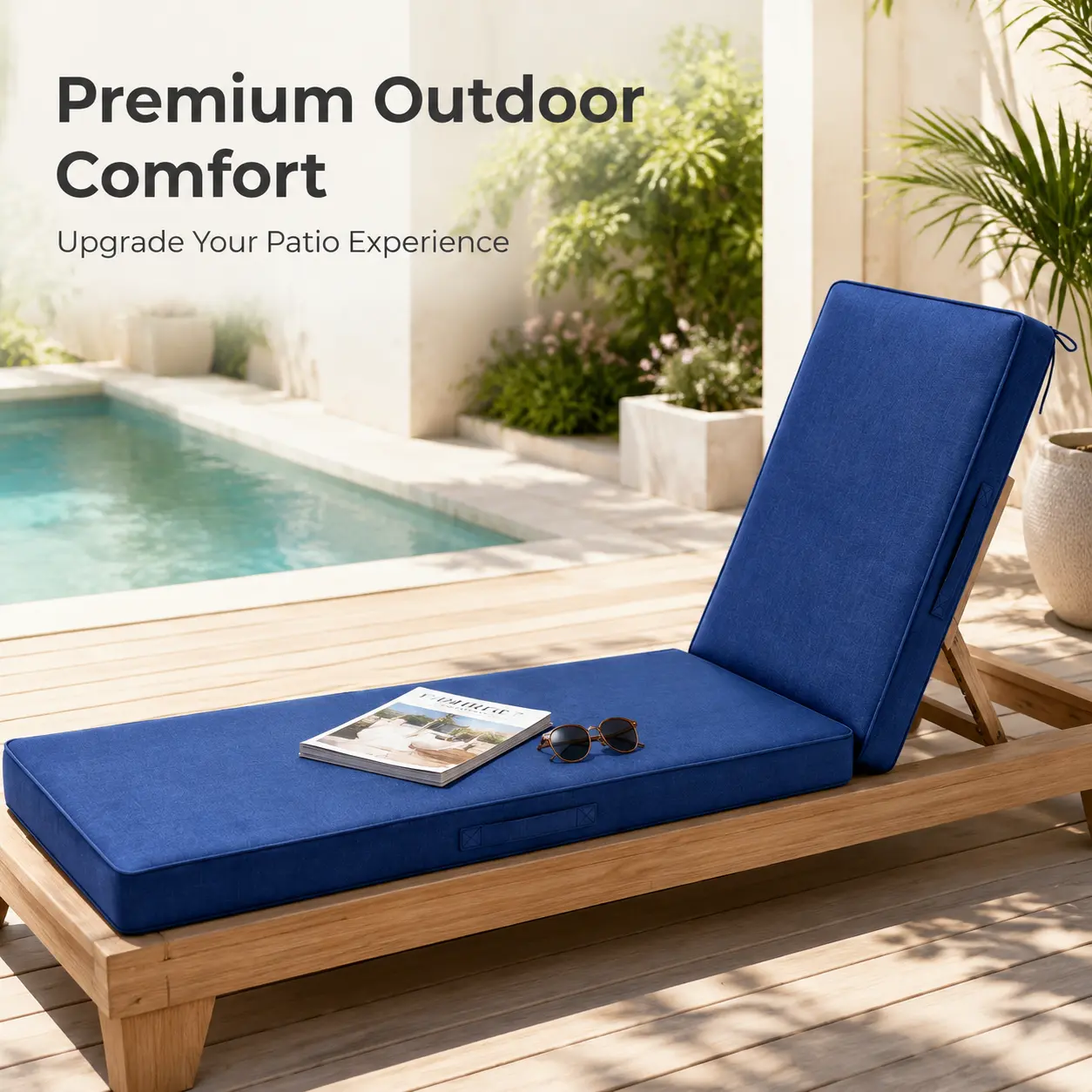 Heritage Textured Solid Birch Tan Honeycomb Outdoor Chaise Lounge Cushion - PU, Waterproof, Fade Resistant, Removable Cover, Polyester Fill, 44x21x3" - for Patio Furniture Preformed Pads