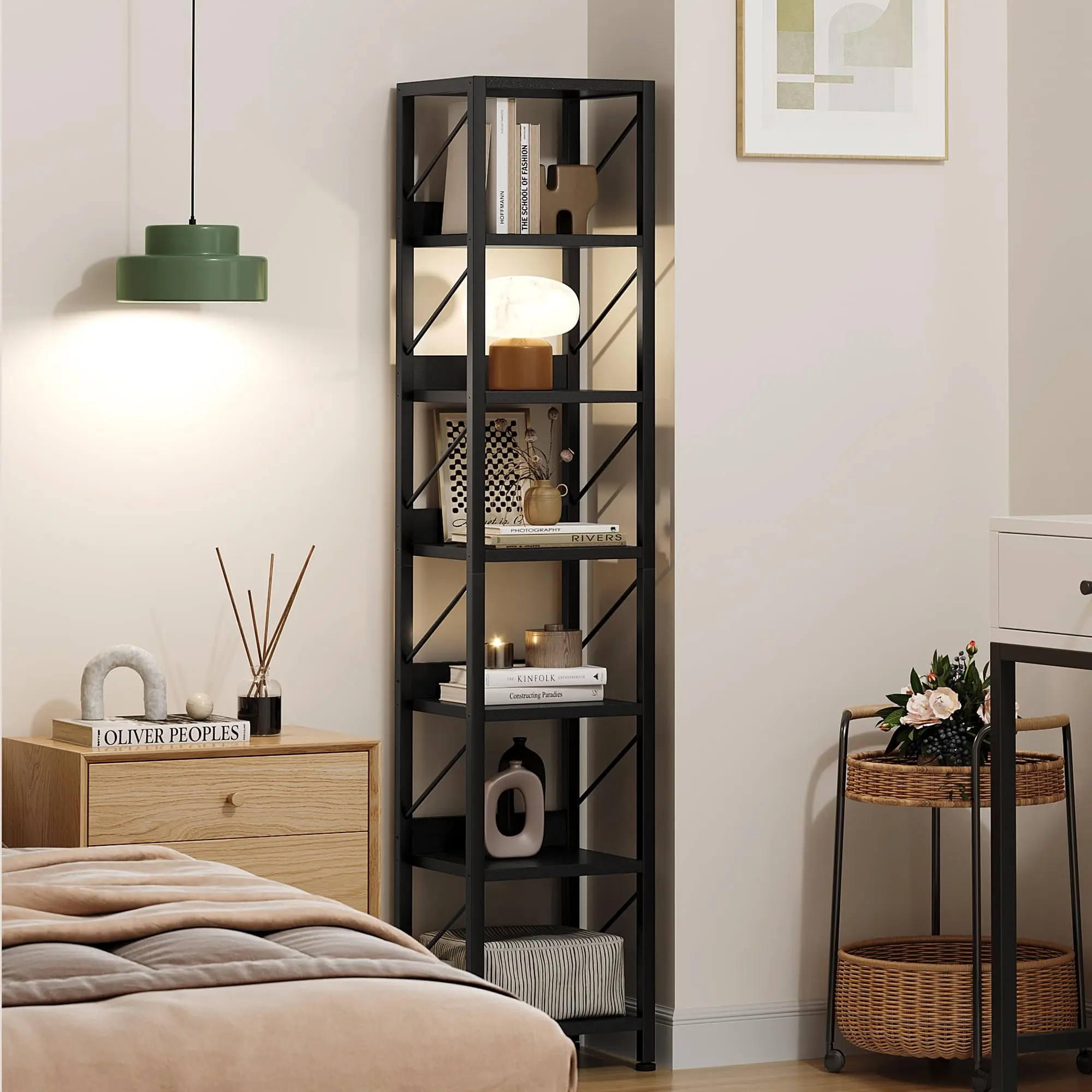 Narrow 6-Tier Tall Bookshelf – Rustic Metal Frame Skinny Storage Rack for Small Spaces – Freestanding Industrial Display Stand for Bedroom,Black