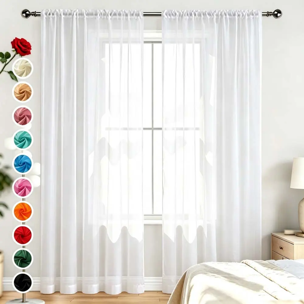 Rod Pocket Sheer Voile Window Curtain Panels, White (1 Pair, 2 Panels) for Kitchen, Bedroom, Children's Spaces