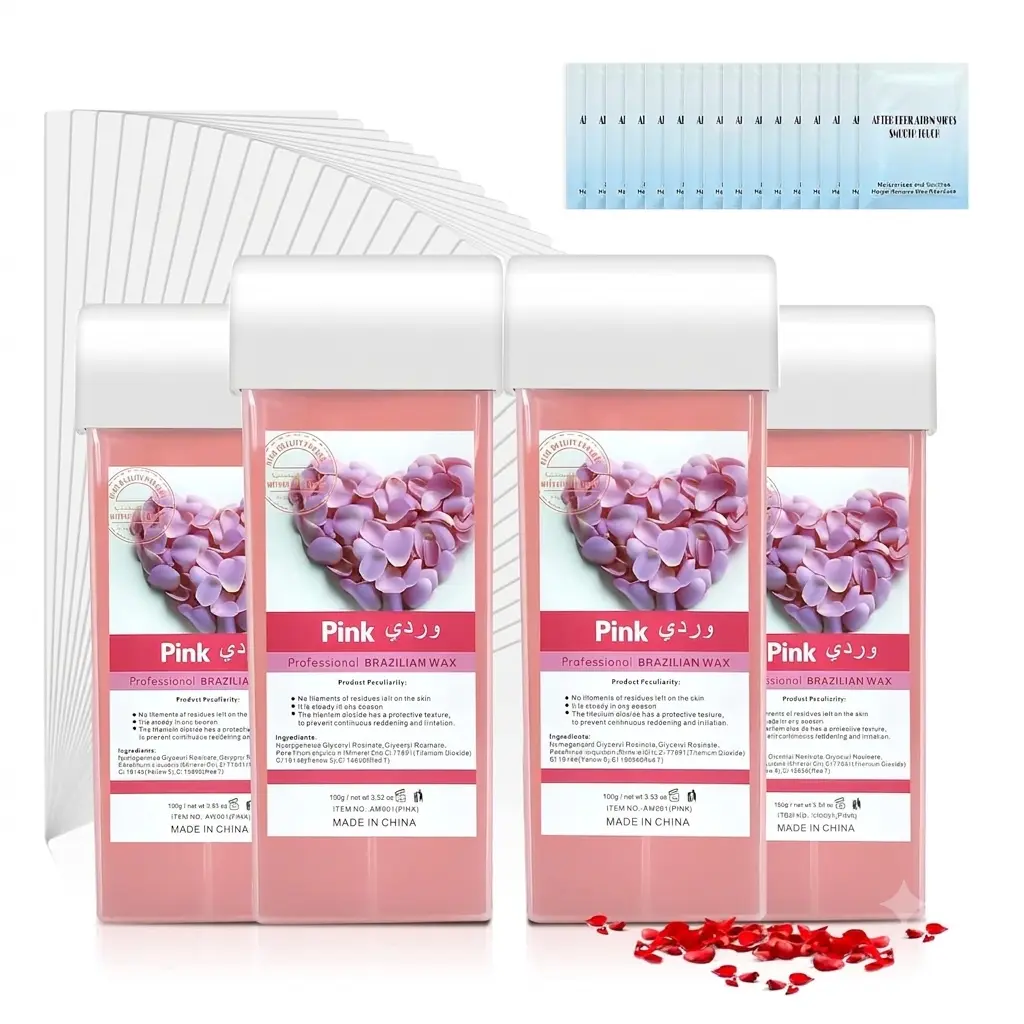 Rose Roll On Wax Refill Kit, 4 Pack Wax Cartridges with 50 Wax Strips & 16 Wipes, At-Home Hair Removal for Legs, Arms & Underarms