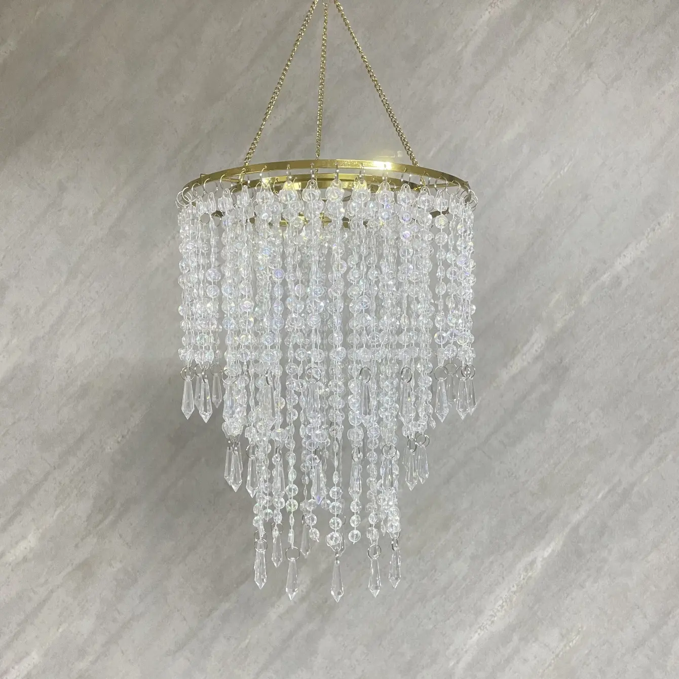Wedding Festival Party Holiday Decor Hanging Decoration, Three-Layer Beaded Pendant Lampshade with Gold/silver/ Frame, Acrylic Gem Drop Decor, 12.2 Inch, Modern Elegant Decoration, Decorative Ornament