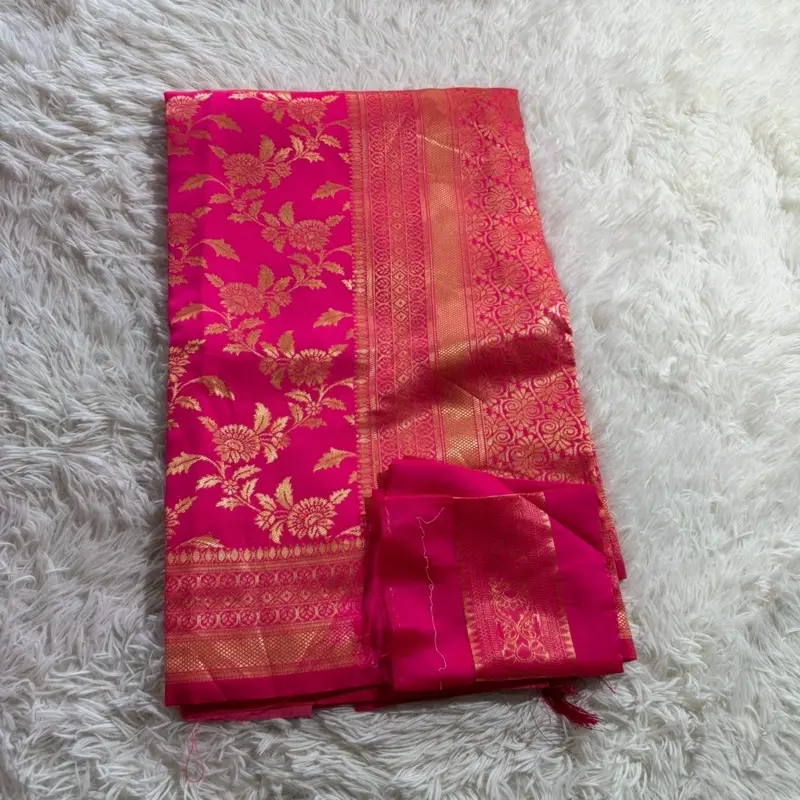 Women's Smooth Silk Saree with Blouse Piece, Falls, Picco Detailing - Vibrant Pink, Gold Embroidery, Elegant Lady Statement Clothes for Party Formal Wear, Women's Clothes