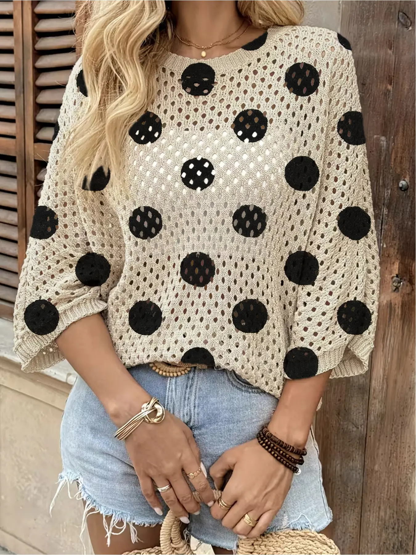 Short, Spring and summer style, round neck hollow loose bat blouse with shoulder sleeves, clash color black polka dot women's knit blouse, Boho Flowy Tops, holiday style, commuting, Casual, women's vest blouse, Top