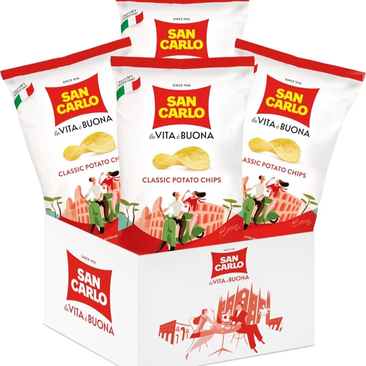 San Carlo 4X Classic Italian Potato Chips Multi Pack - Traditional Flavors for Snacking Bliss - Crispy