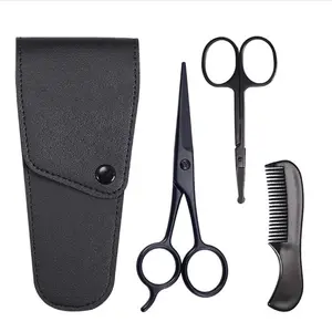 4PCS/set Beard Comb Nose Hair Scissors Mens Beard Mustache Nose Ear Scissors Comb Trimming Kit Facial Hair Trimmer Men's Beard and Beard Scissors Care Set Black Series for Men Care