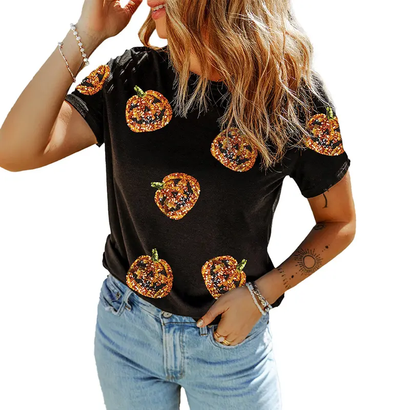 Women's Short-Sleeve Casual Halloween Sequin Pumpkin Face Graphic T-Shirt, Women's Top