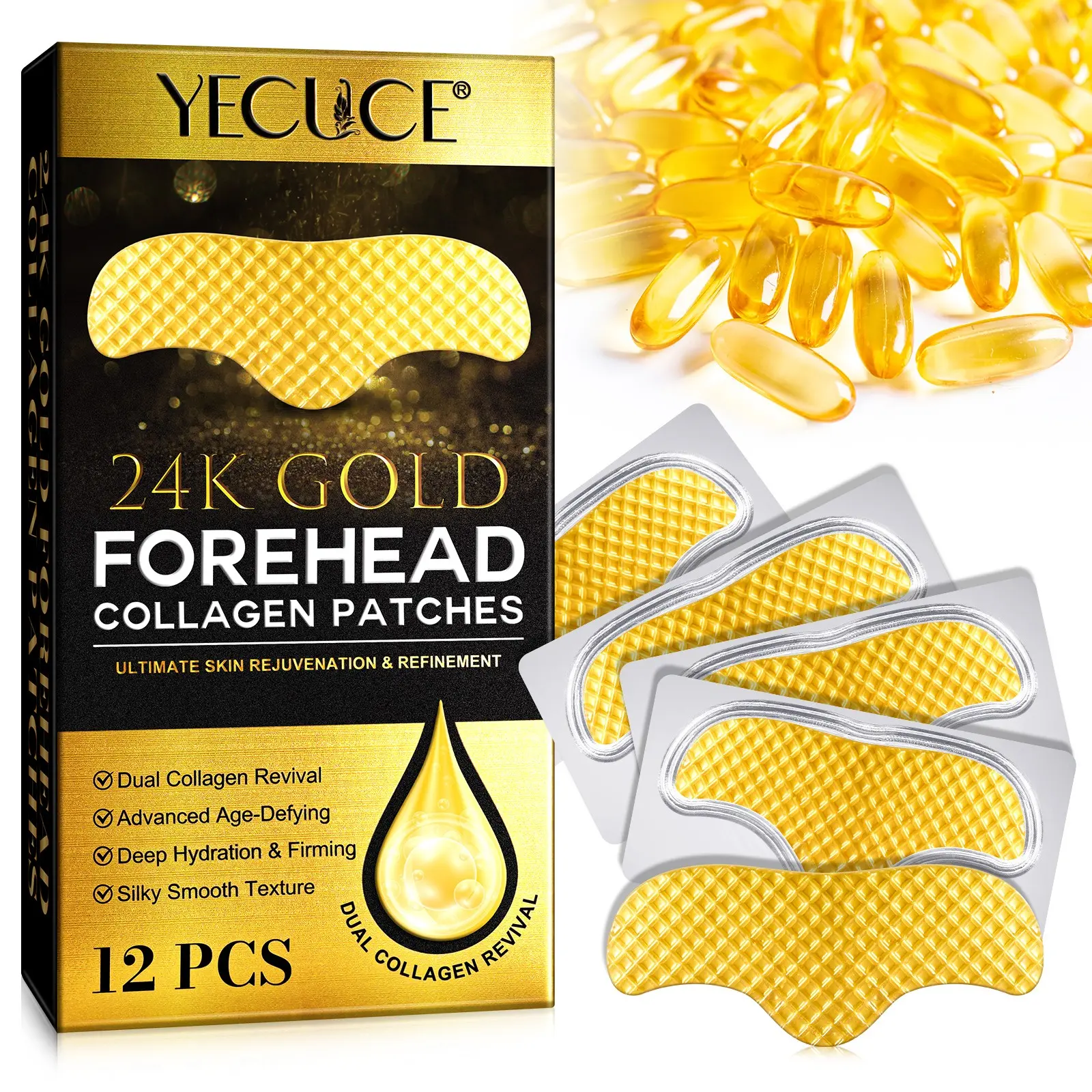 Yecuce 24k Gold Collagen Forehead Patches Gel, 24pcs, Contains Collagen, Beauty Care Stickers, Effective Reduces Forehead Fine Lines, Skincare Effect, Beauty Products