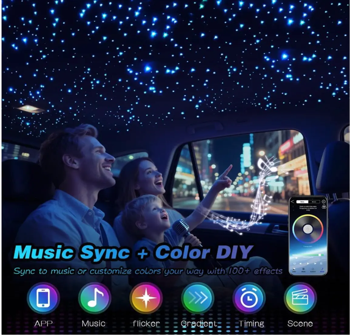 16W Twinkle Starlight Headliner Kit 1000 Piece, 6.5ft/2m 0.03in Car Interior Ceiling Fiber Optic Lights, APP/Remote Control Star Roof Lights for Car/Party Ambient Decor