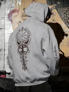 Men's Kangaroo Pocket Hoodie with Drawstring Cap, Comfortable Fitted Casual Streetwear, Breathable Material, Geometric Viking Rune Design