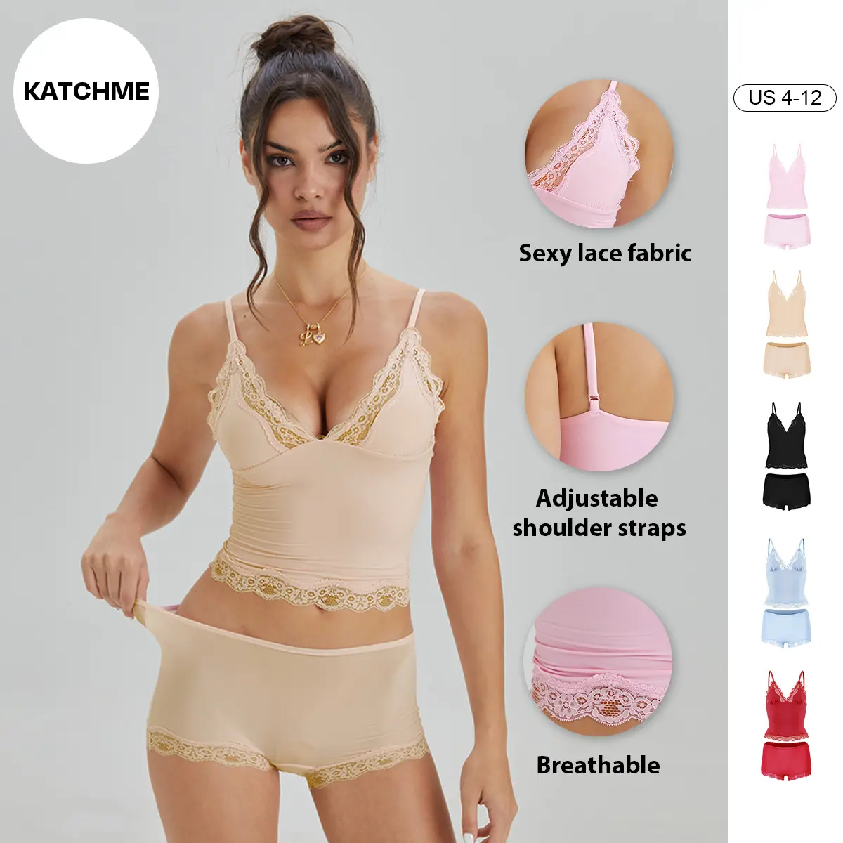 Katch Me COZY Women's Minimalist Spaghetti Strap Lace Trim Wirefree V-Neck Camisole & Panties Set, Lightweight Sweat-Wicking Underwear Set, Lace Series Breathable Two Piece Sets