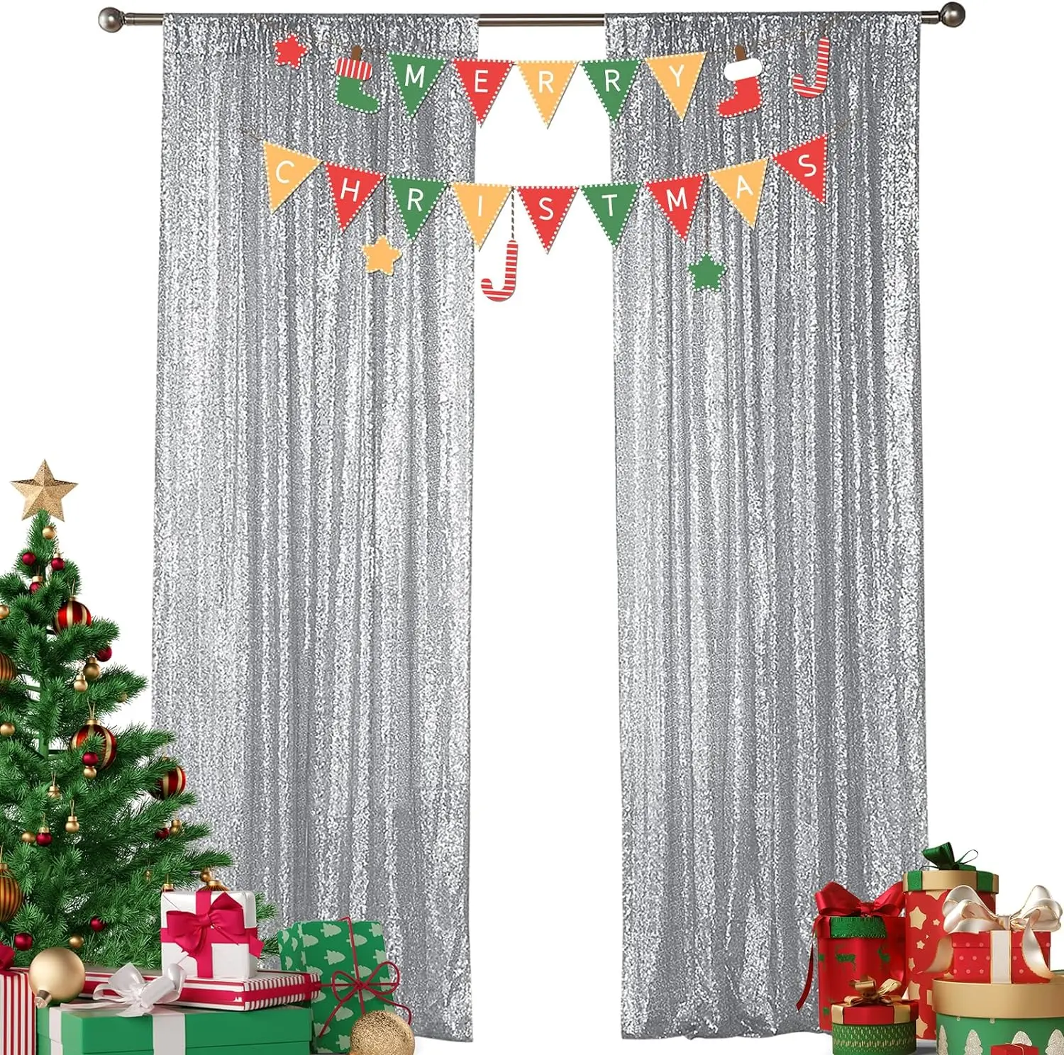 Silver Sequin Mesh Shimmer Wall Backdrop Curtains - 2-Piece 2FTx8FT Festive Party Decoration Supplies for Wedding, Graduation Backdrop Decoration