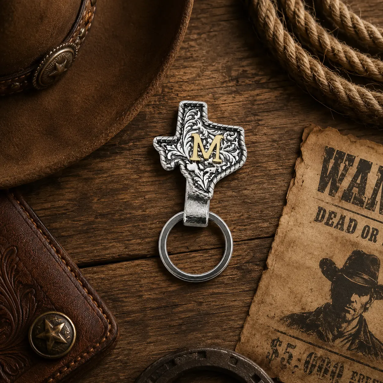 Handmade Texas State Shape Keychain – Solid Copper & Silver Tone Western Cowboy Key Ring with Engraved Scrollwork Design, Gold Letter Accent Custom Initial Charm, Heavy Duty Belt Clip Key Holder for Jeans, Bags, Men & Women Gift