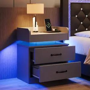 LED Nightstand With Drawers, LED Night Stand With Charging Station, Bedside Table For Bedroom, Modern Night Stand With 2 Wood Drawers End Side Table For Bedroom, Black/ White/ Grey